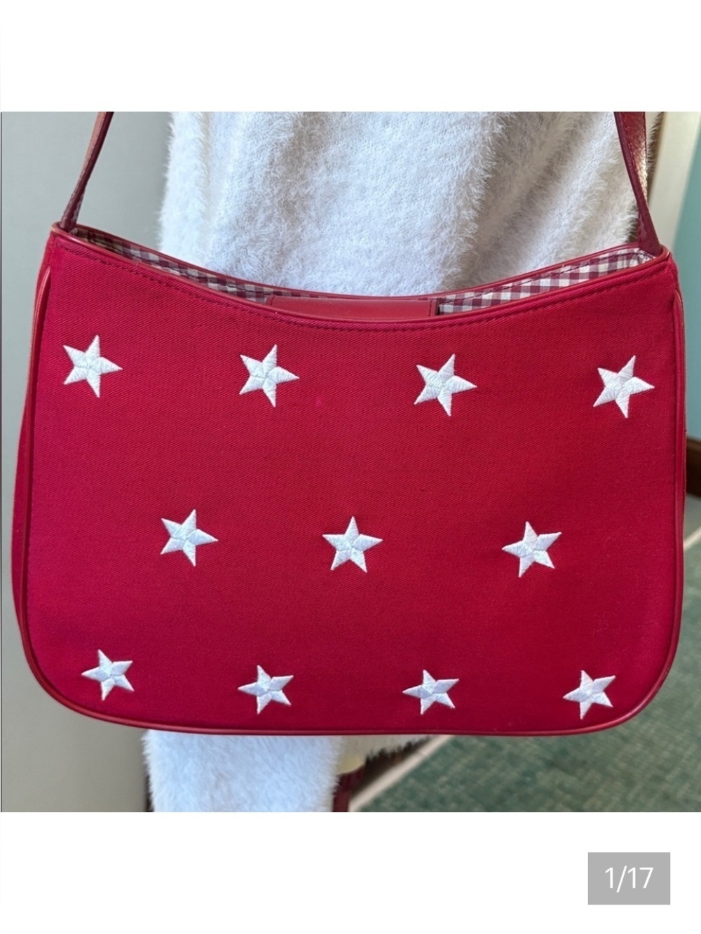 Amanda Smith   Patriotic  shoulder bag  canvas red/white embroidered stars  NWOT